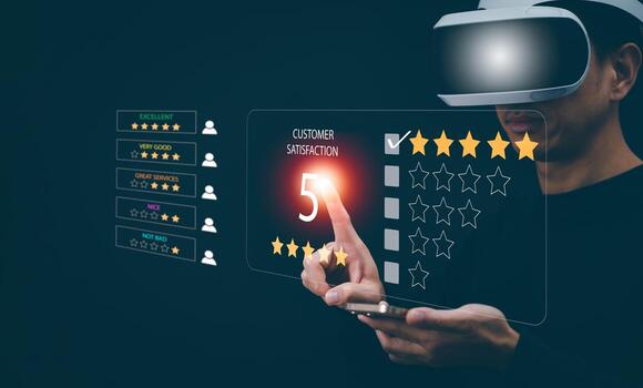 Man wearing VR glasses virtual touch Customer review satisfaction feedback survey concept, User give rating to service experience on online application, service leading to reputation ranking business. photo