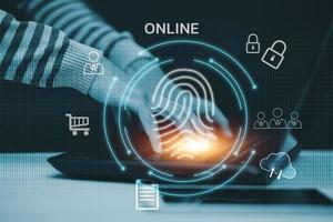 Hand Hacker touch laptop or smartphone and Touching in graph Screen code of a media screen on the White background, Technology Process System Business and hacks online concept, Copy space photo