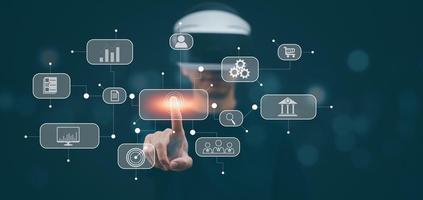 Man wearing VR glasses virtual touchscreen on the graph Screen Icon of a media screen, Technology Process System Business with Communication and marketing concept, big data, HR Human, Business success photo