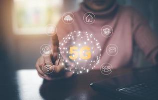 Global network connection 5G on hand woman.Global network connection 5G with icon concept, technology network wireless systems and internet of things, new technologies coming up in the future. photo