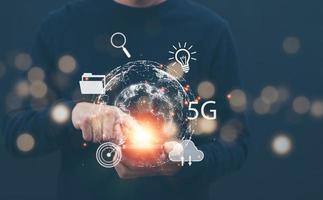 virtual Global Internet connection metaverse concept, Businessman using mobile smartphone, global internet connection application technology and digital marketing, Financial and banking,tech big data. photo