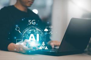 Man with tablet and notebook with Artificial Intelligence AI,on big data network machine learning and data on the dark background, artificial intelligence technology, innovation and futuristic. photo
