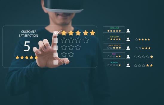Man wearing VR glasses virtual touch Customer review satisfaction feedback survey concept, User give rating to service experience on online application, service leading to reputation ranking business. photo