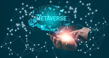 New metaverse with icon business concept,Business hand holding a virtual globe with financial icons future technology, business goals, online communication,graph Screen Icon of a media screen,big data photo