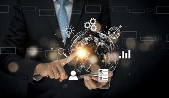 virtual Global Internet connection metaverse concept, Businessman using mobile smartphone, global internet connection application technology and digital marketing, Financial and banking,tech big data. photo