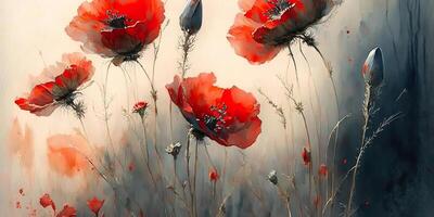 Watercolor painting of red poppy field. Beautiful landscape image of summer poppy field. Art background photo