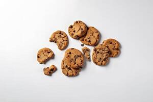 Top view of homemade chocolate chip cookies isolated on white background. photo