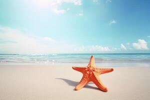 a starfish on a sandy beach with the ocean in the background. photo