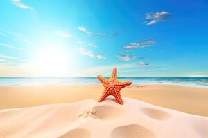 a starfish on a sandy beach with the ocean in the background. photo