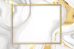 Rectangle gold frame on white marble background. photo