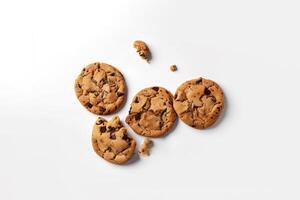 Top view of homemade chocolate chip cookies isolated on white background. photo