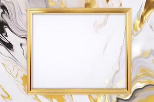 Rectangle gold frame on white marble background. photo