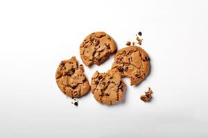 Top view of homemade chocolate chip cookies isolated on white background. photo