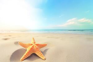 a starfish on a sandy beach with the ocean in the background. photo