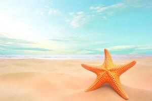 un estrella de mar en un arenoso playa con el Oceano en el antecedentes. ai generado foto