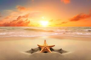 a starfish on a sandy beach with the ocean in the background. photo