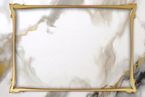 Rectangle gold frame on white marble background. photo