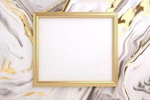 Rectangle gold frame on white marble background. photo
