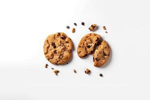 Top view of homemade chocolate chip cookies isolated on white background. photo