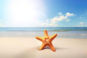 a starfish on a sandy beach with the ocean in the background. photo