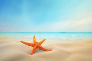 a starfish on a sandy beach with the ocean in the background. photo