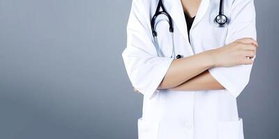 A woman doctor wearing a lab coat with a stethoscope with copy space. photo