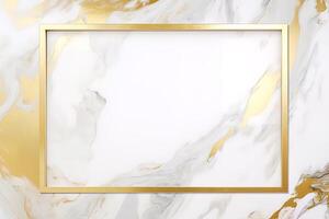 Rectangle gold frame on white marble background. photo