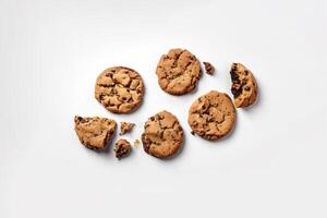 Top view of homemade chocolate chip cookies isolated on white background. photo