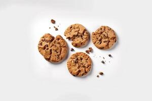 Top view of homemade chocolate chip cookies isolated on white background. photo