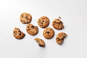 Top view of homemade chocolate chip cookies isolated on white background. photo