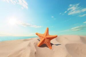 a starfish on a sandy beach with the ocean in the background. photo