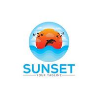 Sunset Logo Vector Illustration Include Cloud, Sun, Bird, Sky, Fish And Wave.