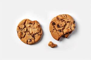 Top view of homemade chocolate chip cookies isolated on white background. photo