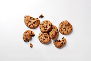 Top view of homemade chocolate chip cookies isolated on white background. photo