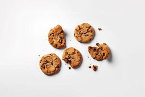 Top view of homemade chocolate chip cookies isolated on white background. photo