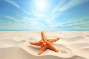 a starfish on a sandy beach with the ocean in the background. photo