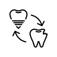 Broken, cracked, damaged tooth replacement, teeth implant, dental restoration concept icon in line style design isolated on white background. Editable stroke. vector