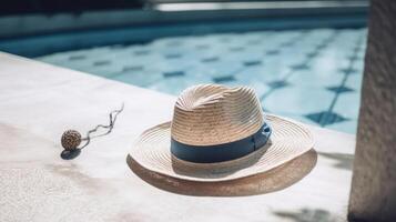 Summer hat and pool. Illustration photo