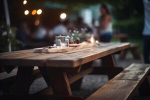 Wooden table in garden. Illustration photo