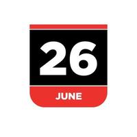 26th june Calendar date vector icon. 26 june lettering.