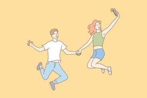 Jumping people, selfie, couple, leisure concept vector