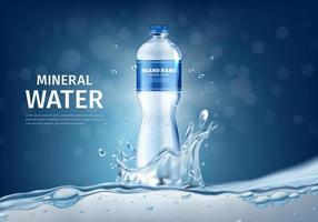 Realistic Detailed 3d Mineral Water Plastic Bottle Ads Banner Concept Poster Card with Liquid Splash. Vector