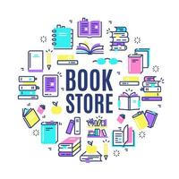 Book Store Round Design Template Thin Line Icon Banner. Vector