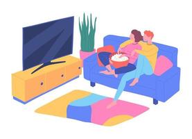 Cartoon Color Characters Young Couple Watching Tv Concept. Vector