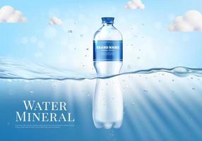 Realistic Detailed 3d Mineral Water Plastic Bottle Underwater Environment Ads Banner Concept Poster Card. Vector
