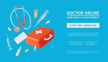 3d Doctor Online Consulting Ads Banner Concept Poster Card. Vector