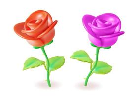 3d Different Rose Flower Set Plasticine Cartoon Style. Vector