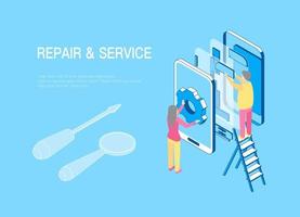 Smartphone Repair Technical Service Concept 3D Isometric View. Vector illustration of Mobile Phone Fix and Support