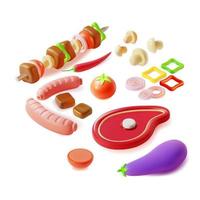 3d Different Colorful Barbecue Summer Party Food Set Plasticine Cartoon Style Include of Sausage and Steak. Vector illustration