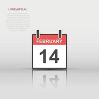 Vector february 14 calendar icon in flat style. Calendar sign illustration pictogram. Valentines day agenda business concept.